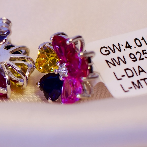 925 Silver Geometric Multi-Color Earrings | 6.61 CT Lab Sapphire+0.13 CT Diamond - Picture 8 of 11